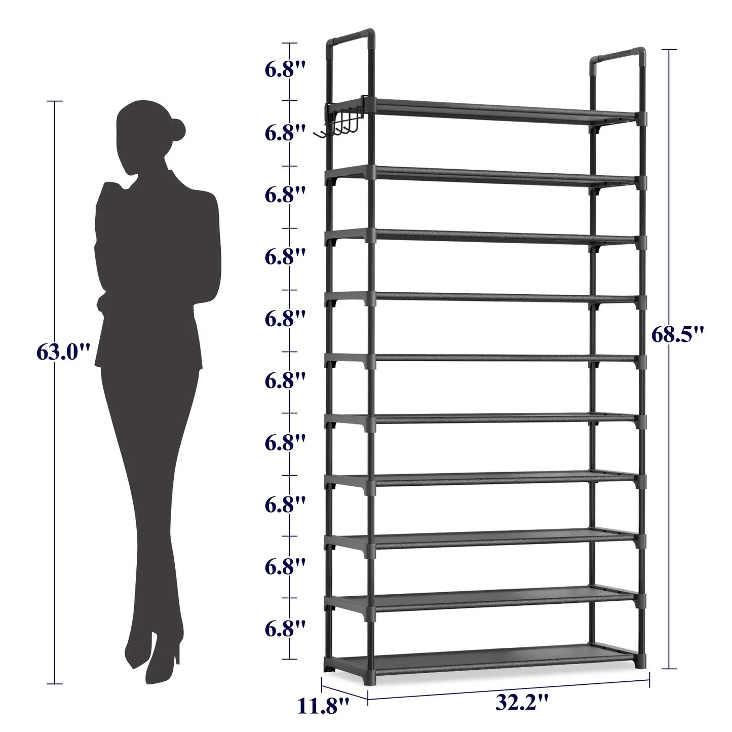 10-Tier Shoe Rack Organizer – Freestanding Shoe Storage Shelf with Side Handles for Entryway & Closet
